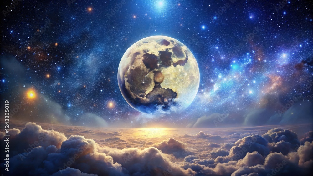 Canvas Prints celestial orb ascending above a sea of clouds in a starry expanse