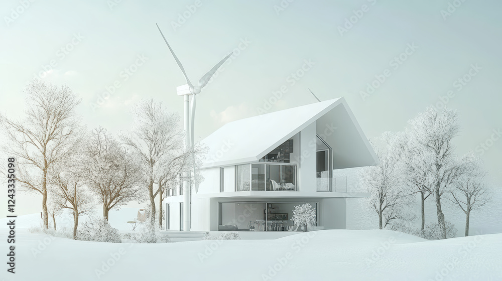 Poster modern house structure with wind turbines in snowy landscape, showcasing sustainable architecture an