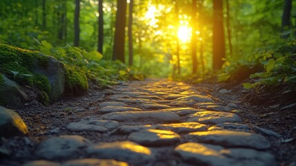 Fototapeta premium Sunset forest path, stone walkway, nature background, travel