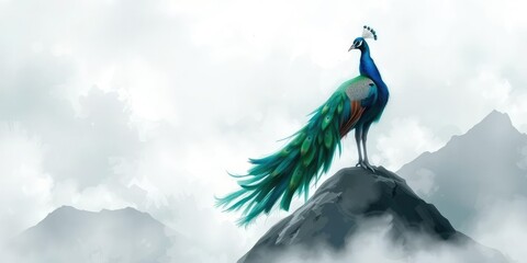 Soft and feathery brushstrokes capture the essence of an abstract peacock perched on a misty mountain, atmosphere, abstract, watercolor