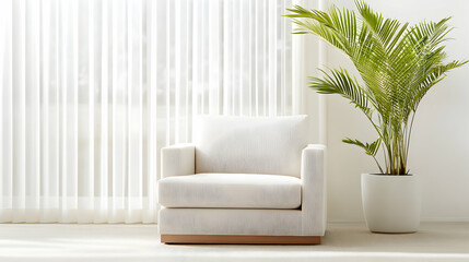 Modern white armchair in a bright room with sheer curtains and a palm tree. Interior design, home decor