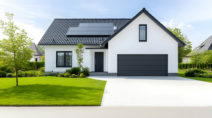 Modern white house with solar panels and grey garage door. Front yard landscaping. Ideal for real estate, home design, or architectural content
