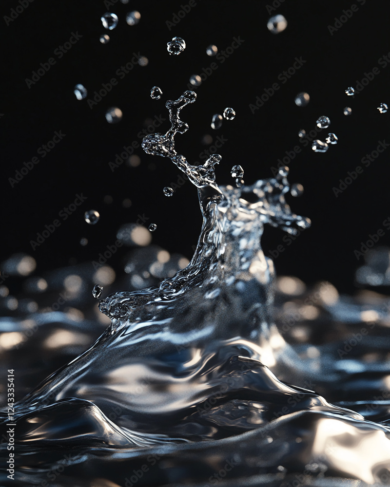Poster Close-up of water droplets splashing against a dark background, highlighting the dynamic movement and beauty of liquid in motion, symbolizing fluidity and freshness.