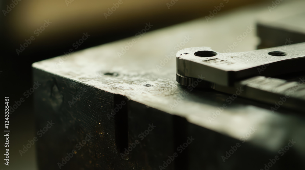 Poster precision measurement of metal part on workbench, showcasing intricate details and textures of surfa