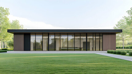 Modern wood house, green lawn, tree background. Architectural design visualization