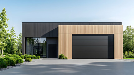 Modern wood and black garage exterior, sunny day. Possible use Architectural design