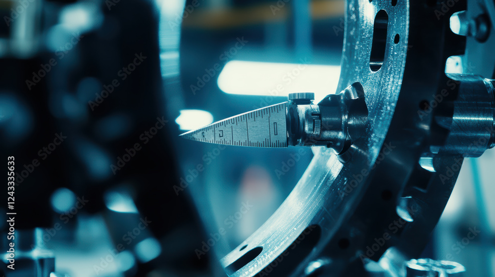 Aufkleber precision measurement of metal part using calipers in workshop. technician focuses on accuracy, show