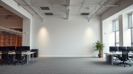 cool light interior design, minimalistic modern scandinavian style, empty wall, mockup template, Sunlit minimalist modern office interior of generative ai