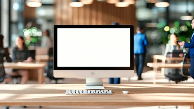 Sleek desktop setup on a wooden table in a modern creative workspace.