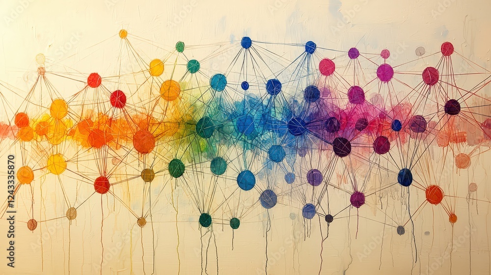 Poster vibrant abstract network of colorful nodes and lines illustrating connections and relationships in a