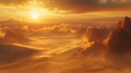 Golden sunset over desert mountainscape, aerial view