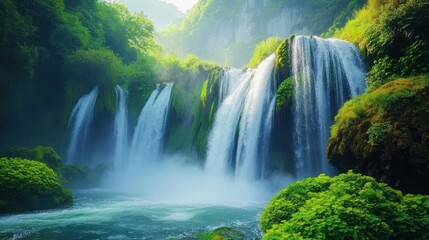 A stunning waterfall cascades through a vibrant green forest, creating a serene river that enhances the natural beauty of the surrounding landscape.