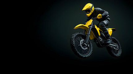 Motocross rider in mid-air jump, dark background, action shot, professional racing