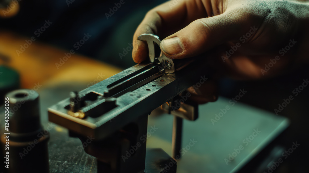 Poster precision measurement of metal part by technician using caliper tool, showcasing attention to detail