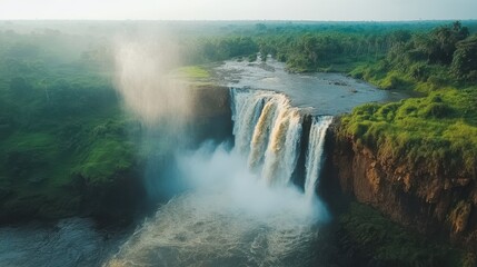 Fototapeta premium Majestic Arafed waterfall cascades powerfully over a rugged cliff, creating a stunning natural spectacle surrounded by lush greenery.