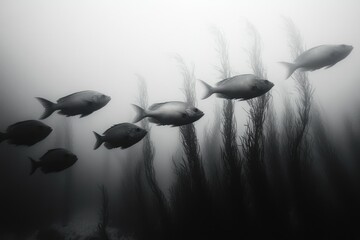 A school of fish gracefully swims through a kelp forest in a serene underwater scene.