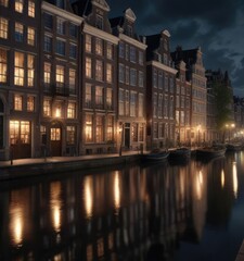 Fototapeta premium Tall buildings and grand canalside facades of old Amsterdam houses illuminated by streetlights at night, ornate facades, historic details, streetlights