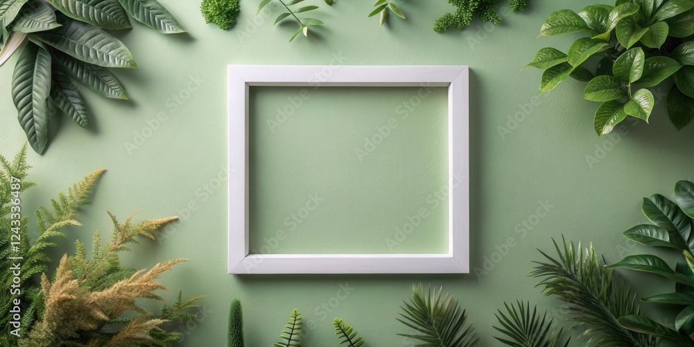 Poster Blank white frame surrounded by lush green foliage on a sage green background, perfect for showcasing your design or text.