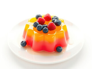Tasty yellow and pink jelly dessert with blueberries and raspberries on plate, tempting treats, culinary inspiration