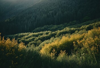 Fototapeta premium Sunlit hilly landscape covered with lush green vegetation.