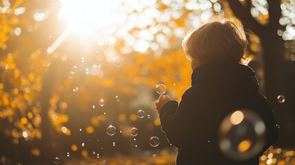 A woman joyfully blows bubbles in a vibrant park, surrounded by greenery and sunlight, creating a whimsical and carefree atmosphere.