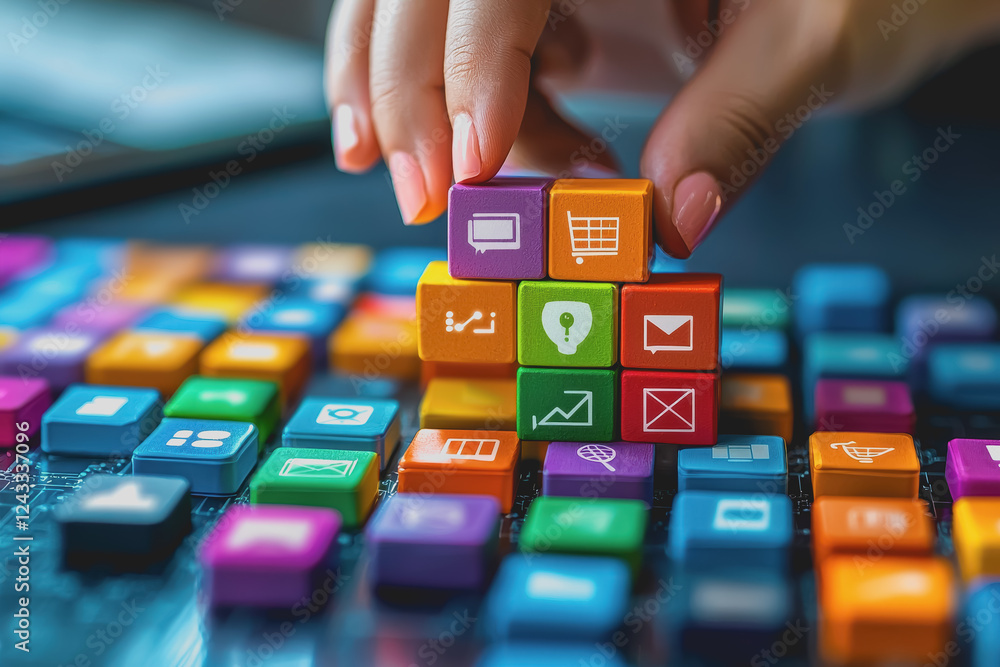 Poster person placing a colorful block into a structure made of various building blocks on a white surface 