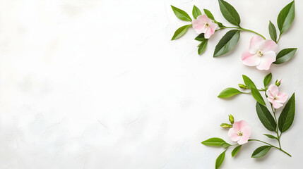 Pink flowers, leaves, and buds on light gray background.  A minimalist floral design for a greeting card or other print