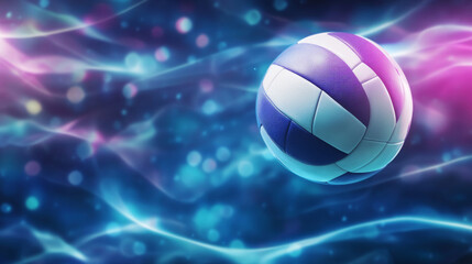 vibrant volleyball surrounded by glowing neon energy rings floats in dynamic, colorful background.