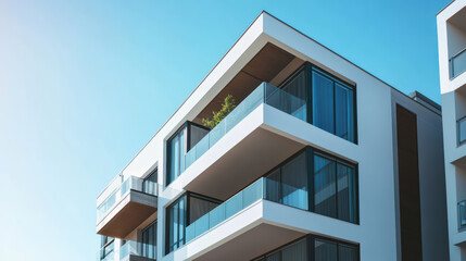 Sleek condo design with energy efficient features and modern architecture. building showcases large glass windows and spacious balconies, creating bright and inviting atmosphere