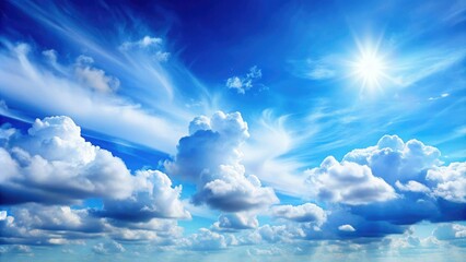 Softly glowing white clouds drift lazily across a serene blue sky, gentle, airy, delicate
