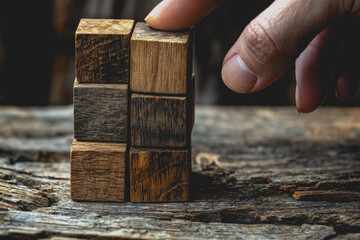 Persons hand touching a wooden block in a close-up image capturing texture and detail of wood grain