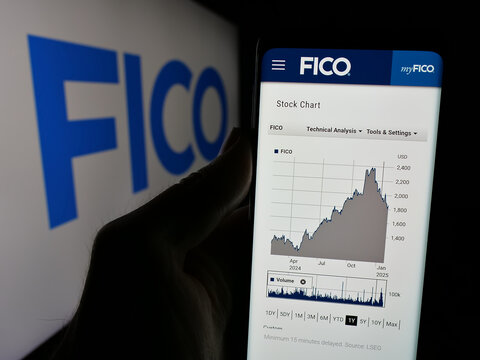 Stuttgart, Germany - 01-30-2025: Person holding cellphone with webpage of US analytics company Fair Isaac Corporation (FICO) on screen with logo. Focus on center of phone display.
