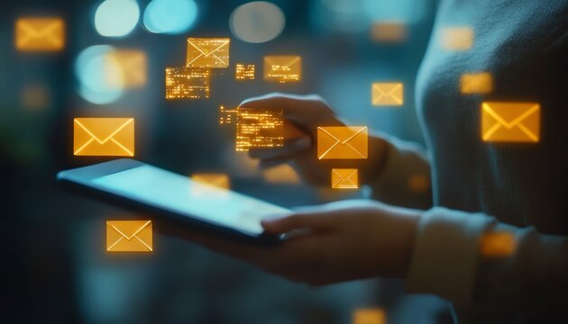 Email spam alert concept with a person interacting with a tablet screen, showing warning symbols and blocked messages