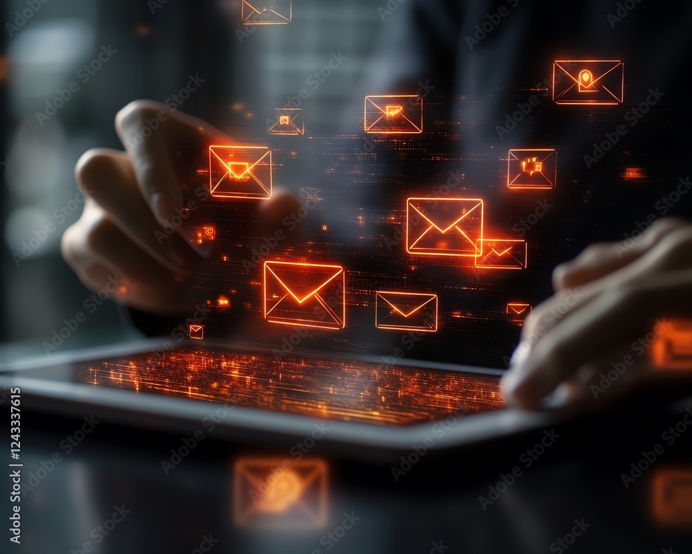 Poster email spam alert concept with a person interacting with a tablet screen, showing warning symbols and