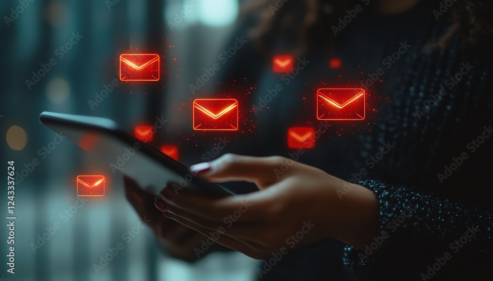 Poster person engaged with a tablet screen showing email spam alert and warning icons, symbolizing email se