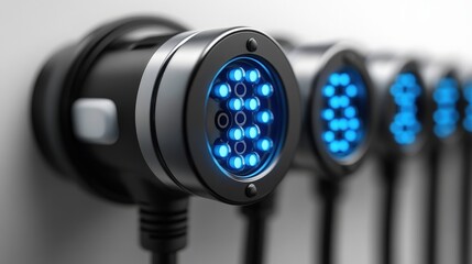 Close-up of futuristic electric vehicle charging ports with illuminated indicators on a wall