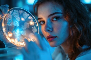 Naklejka premium A female scientist examines a petri dish with glowing bacterial colonies, researching microbiology and conducting scientific experiments.