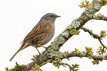 The dunnock bird is seen on a narrow tree limb with lichen-covered bark, branches, bird, lichen