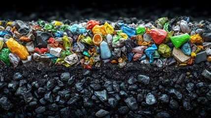 Fototapeta premium Colorful plastic waste piled on dark soil and rocks. Environmental pollution