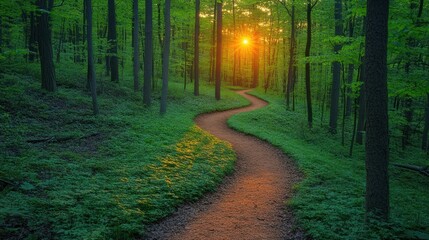 Fototapeta premium Sunset Forest Path Winding Through Green Woods