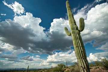 The green cactus stands tall against a dramatic blue sky with fluffy white clouds, , dramatic landscape, green plant, blue sky, desert vegetation