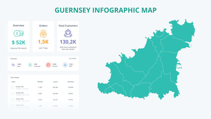 Business Growth Infographic Map of Guernsey. Orders, Customers, Sales Overview & product Infographic Map of Guernsey. Easy to edit