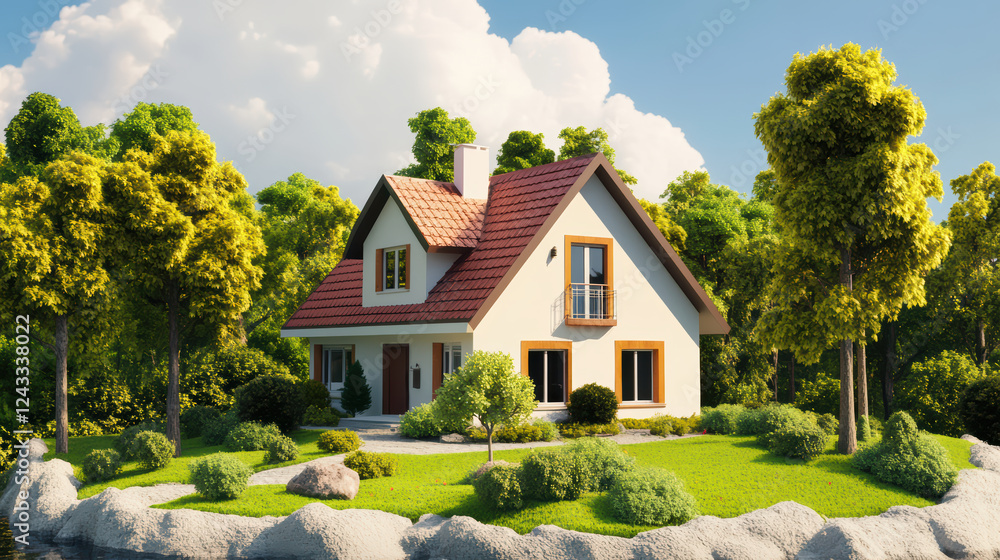 Poster stylized 3d house model with landscaping in open space surrounded by trees and greenery, creating se