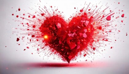 A heart mid-explosion, bursting into tiny red fragments and light sparks