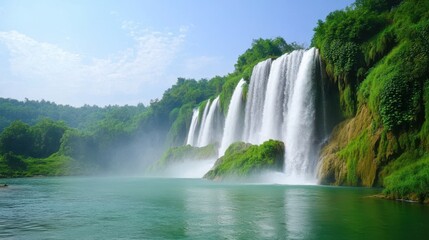 Fototapeta premium A majestic waterfall cascades down a rugged mountain, showcasing the power and beauty of nature in a serene landscape.