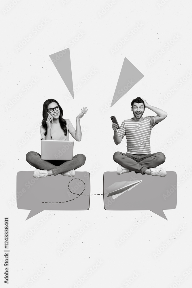 Poster template collage of two people friends team colleagues chatting online texting using technology devi