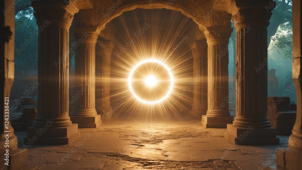 Poster mysterious glowing orb illuminates ancient stone structure in a sunlit forest setting