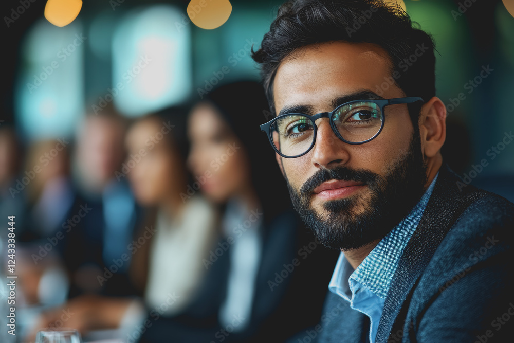 Poster man with glasses and beard sitting at a table engaged in conversation or working on a laptop in a ca