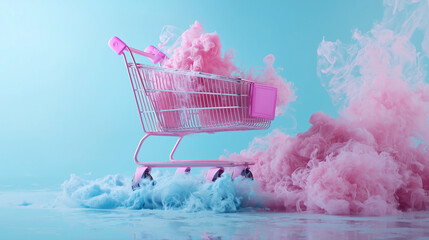 Pink Shopping Cart Banner on Light Blue Pastel Background with Paint Splashes and Copy Space