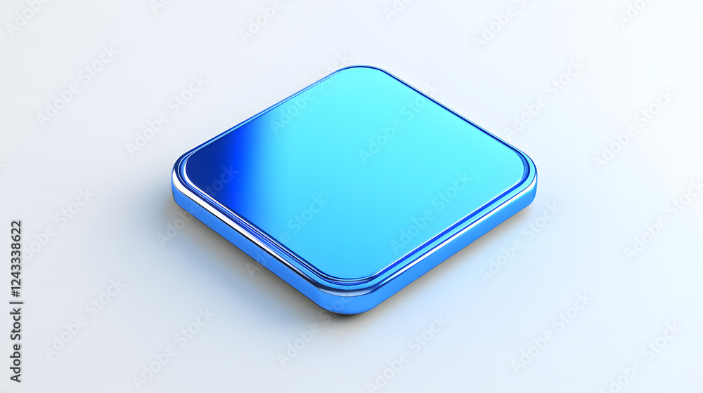 Poster blank mobile application icon, button - blue square with round corners. 3d rendering, white backgrou